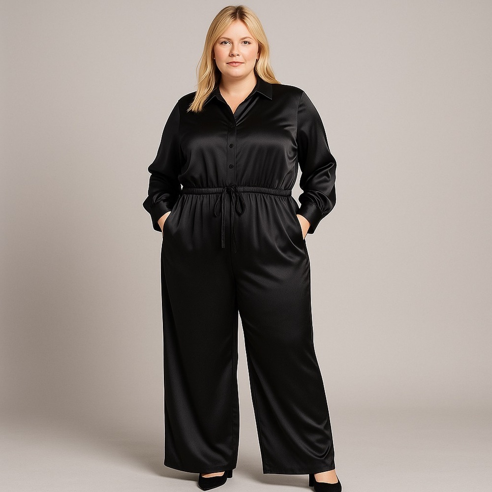 New! Eloquii‎ Black satin long sleeve jumpsuit tie waist pockets, size 20